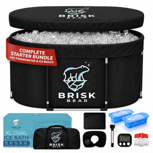 XL Oval Ice Bath Tub for Athletes with Cover by Brisk Bear - Extra Large Cold Plunge Tub for Recovery - Ice Tub with Digital Timer, Thermometer & Reusable Ice Molds - Cold Plunge to Soothe Muscles