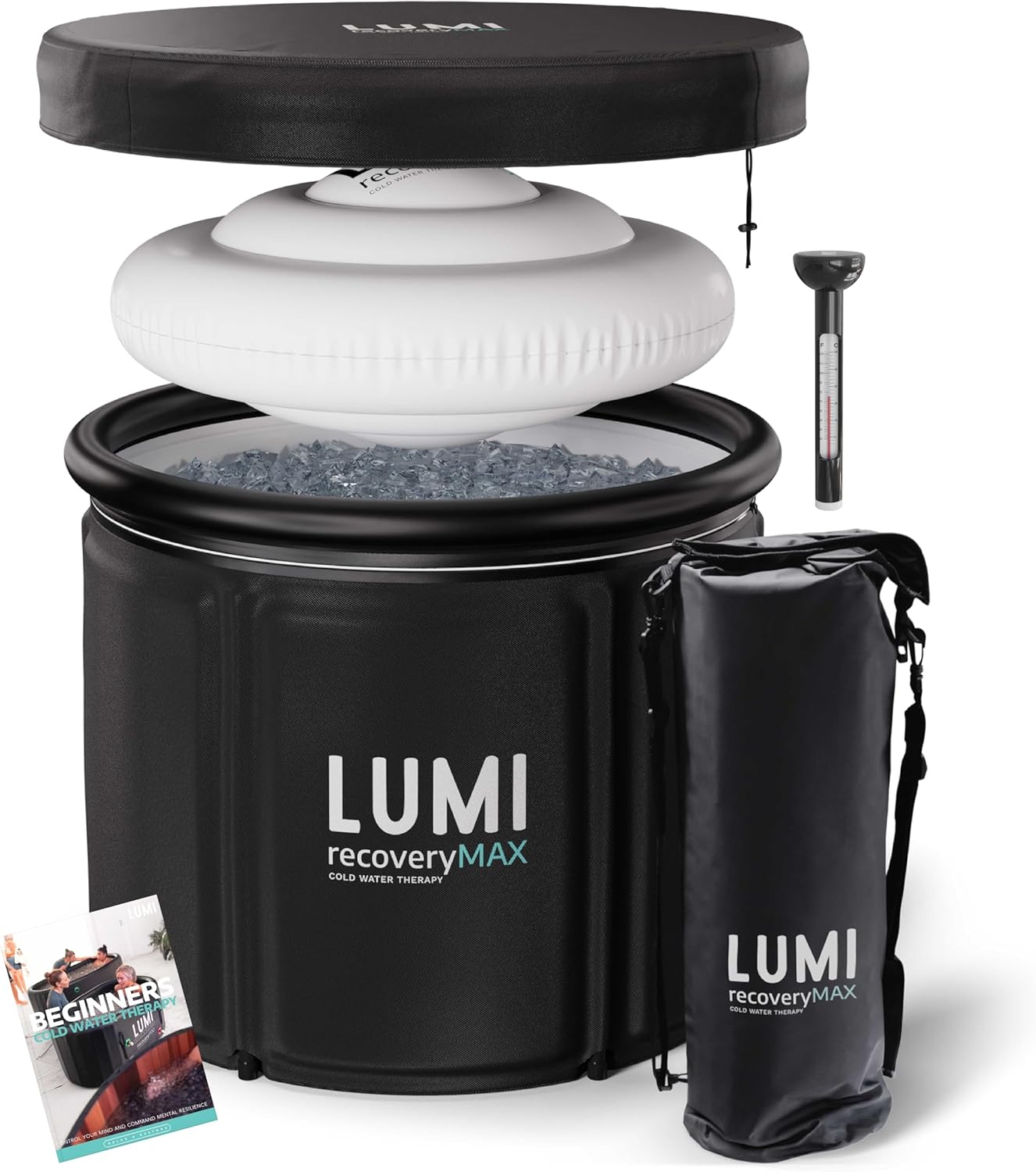 LUMI Recovery Pod MAX Ice Bath - Large Round Plunge Pool - Black Freestanding Cold Water Tub - 420L Capacity - Rip-Stop Po...